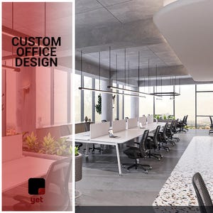 May include: A modern office interior with a long white desk, multiple laptops, and black office chairs. The text "CUSTOM OFFICE DESIGN" is displayed. The space has large windows and concrete flooring. The design suggests a contemporary workspace.