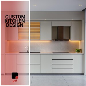 Puede incluir: Una cocina moderna con gabinetes blancos, un fregadero de acero inoxidable y una estufa negra. Los gabinetes tienen tiradores elegantes y minimalistas y la encimera es de color gris claro. El salpicadero es de mármol gris claro con un sutil patrón de vetas. La cocina está iluminada por iluminación empotrada e iluminación debajo de los gabinetes. El texto "CUSTOM KITCHEN DESIGN" es visible en el lado izquierdo de la imagen.