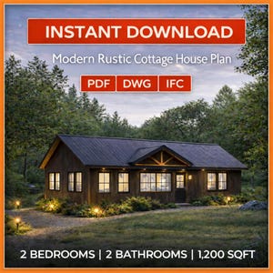 Instant download modern rustic cottage house plan cover image featuring a 2 bedroom 2 bathroom 1,200 sqft wooden cottage with dark metal roof, soft white interior lighting, partial curtain windows, forest landscape setting, and ready-to-build digital blueprint files in PDF, DWG, and IFC formats.