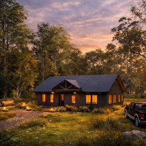Modern black cottage cabin at golden hour showing a 2 bedroom 2 bathroom 1200 sqft house plan with warm interior lighting, forest backyard setting, pickup truck driveway, soft garden landscape, and metal gable roof.