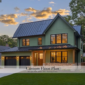 May include: A two-story house with a green exterior, black roof, and black window frames. The house has a covered porch with wooden columns and a stone base. The text "Custom Floor Plan" is displayed at the bottom of the image.