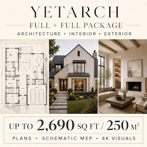 May include: A YETARCH Full + Full Package architectural design presentation featuring a floor plan, an exterior view of a white house with black window frames, and an interior living room with a fireplace, totaling up to 2,690 sq ft.