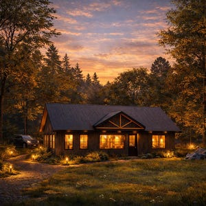 Warm black cottage exterior at sunset showing a 2 bedroom 2 bathroom 1200 sqft modern cabin house design with glowing interior lights, forest surroundings, stone pathway, and soft landscape lighting.
