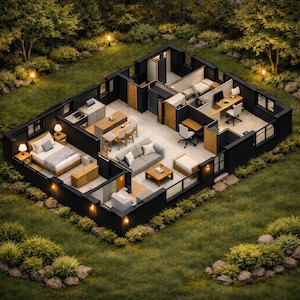 3D isometric floor plan of a 2 bedroom 2 bathroom 1200 sqft modern black cottage house showing open living room, kitchen, home office, and bedroom layout with forest landscaping and soft outdoor lighting.