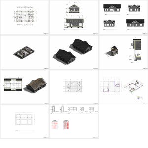 Complete architectural drawing set preview for Oakfield House showing floor plans, building sections, exterior elevations, 3D axonometric views, roof framing, foundation plan, electrical layout, plumbing plan, window and door schedules, and material take-off lists for a 2 bedroom modern farmhouse house plan.