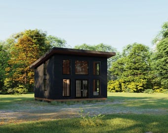 Tiny Modern Cabin Plans 20×18 | Small Home Blueprint | Includes Floor Plan, Section, Elevation | Perfect for DIY Build Project