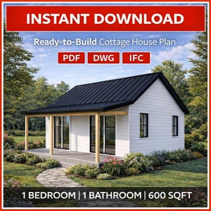 600 sq ft Modern Farmhouse House Plan | 1 Bed, 1 Bath (PDF Download)