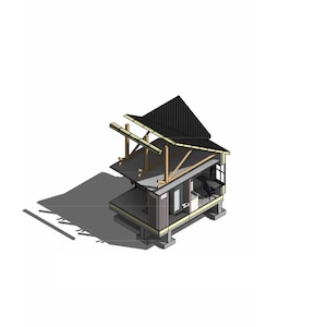 3D cutaway wall section of Oakfield House showing timber framing system, raised stem wall foundation, floor assembly, and standing seam metal roof structure for a modern farmhouse house plan.