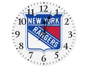 Reloj de pared de los New York Rangers: reloj de madera personalizado de la NHL. Decoración silenciosa de hockey sin marco para tu sala de estar, oficina, dormitorio o como regalo para un fan.