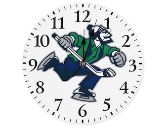 Vancouver Canucks Johnny Canuck Wall Clock – Retro NHL Wooden Clock | Silent Frameless Hockey Decor for Man Cave, Office, Collector Gift