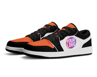 Zapatillas deportivas con logotipo personalizado / Zapatillas bajas personalizadas en naranja y negro / Marca comercial y obsequio para fanáticos de los deportes