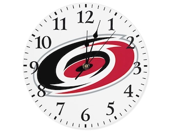 Custom Carolina Hurricanes Wall Clock – Red & Black Storm Swirl Design | Frameless Wood Clock 10/12/13.5" | Silent Hockey Decor for Fans