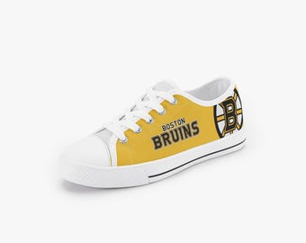 Boston Bruins Low Top Sneakers – Custom NHL Fan Shoes, Yellow Canvas Bruins Shoes with Black or White Sole, Game Day Gift