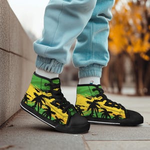 Rasta Palm Tree High Top Sneakers – Reggae Canvas Shoes, Jamaican Flag Inspired, Island Vibe Streetwear, Unisex Custom Shoes
