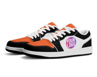 Custom Logo Sneakers | Personalized Low-Top Shoes in Orange & Black | Business Branding and Sports Fan Gift