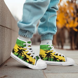 Rasta Palm Tree High Top Sneakers – Reggae Canvas Shoes, Jamaican Flag Inspired, Island Vibe Streetwear, Unisex Custom Shoes