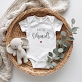 Personalized baby bodysuit "Mini Last Name" – Gift for birth, pregnancy, christening | Heart color selectable | Short sleeve & long sleeve | White