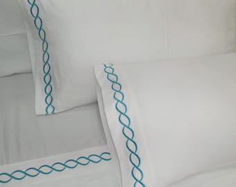 Chain Embroidery Sheet Set: White 400 Thread Count Sateen Cotton