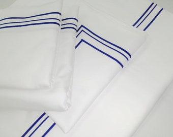 Handmade White Cotton Sateen Bedding Set: 400 Thread Count, Hotel Stitch Embroidery