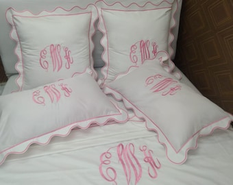 Monogrammed White Cotton Sateen Duvet Cover Set: Scalloped Border Embroidery