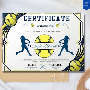 Softball Certificate Printable, Team Award & Player Achievement Certificate