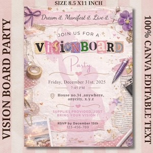 May include: A pink and white Vision Board Party invitation with the text "Dream it. Manifest it. Live it." and "Join us for a Vision Board Party." The invitation includes the date, time, and location. The size is 8.5 x 11 inches.