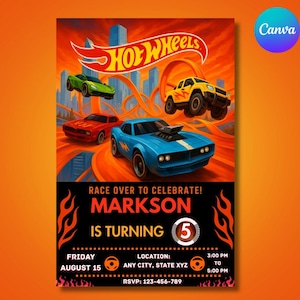 Editable Hot Wheels Birthday Invite,Hot Racing Cars Birthday Invite,Hot Wheels Themed Party Template,Kids Car Birthday Invite,Canva Editable