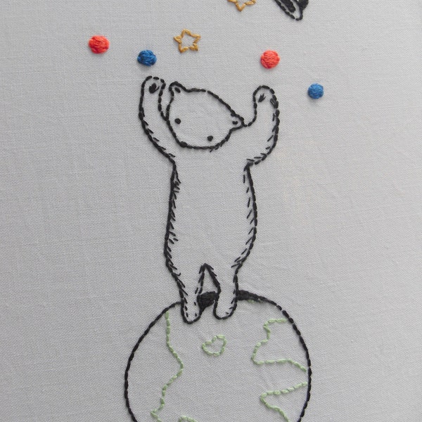 Circus Bear Walking the Globe PDF Hand Embroidery Pattern No shipping fee