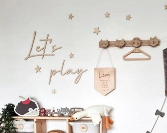 Let's Play Wooden Wall Sign stars | Nursery Wall Art | Playroom Decor | Kids Room Wall Decoration | Babyzimmer Holzdeko | Kinderzimmer Deko