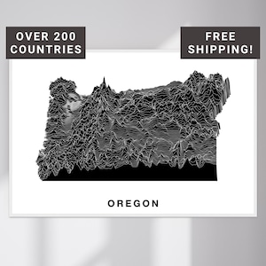 May include: A black and white topographic map of Oregon, with the state's name at the bottom. The image includes text that reads "OVER 200 COUNTRIES" and "FREE SHIPPING!"