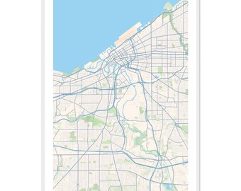 Può includere: Una stampa incorniciata della mappa di Cleveland, Ohio, con un layout dettagliato delle strade in tonalità di blu e bianco su uno sfondo azzurro. Il nome della città e dello stato è stampato in bianco in basso.
