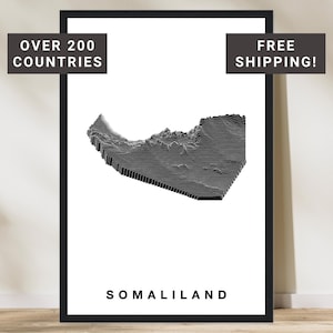 Peut inclure: Une carte topographique en noir et blanc de Somaliland encadrée. L'image comprend le texte "OVER 200 COUNTRIES" et "SOMALILAND" en noir. L'image est dans un cadre noir.