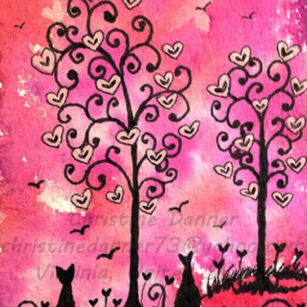 Original Art Cats & Whimsical Heart Trees ACEO