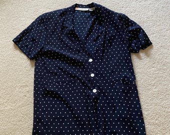 Vintage 1980"s  Chaus Navy and White Polka Dot Blouse