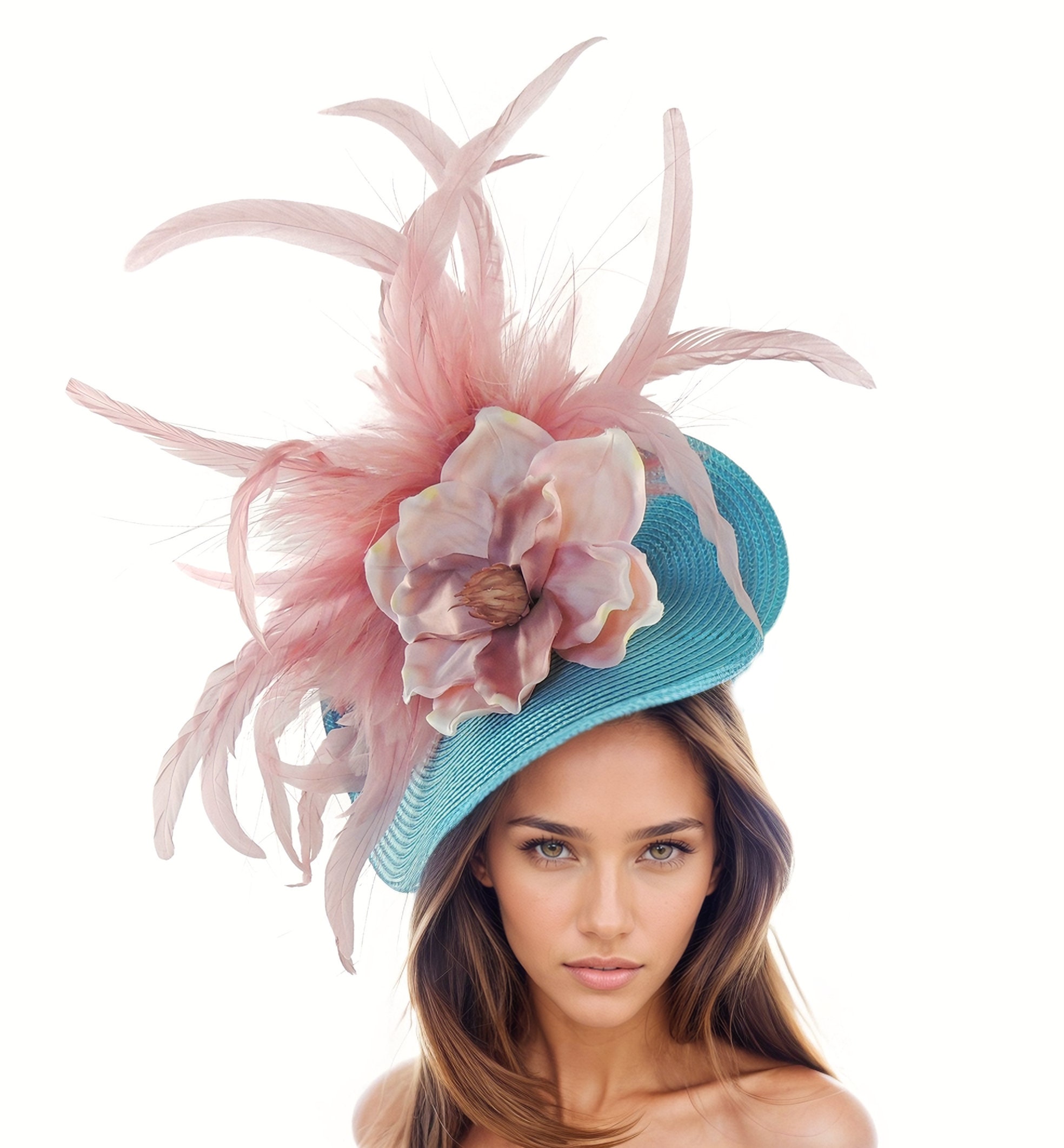 Turquoise & Dusty Pink Feather Flower Ladies Ascot 
