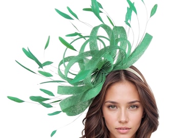 Large Green Emerald Kelly Feather Statement Fascinator Hatinator Kentucky Derby Oaks Ladies Ascot Weddings Cocktail Party Headpiece Hat