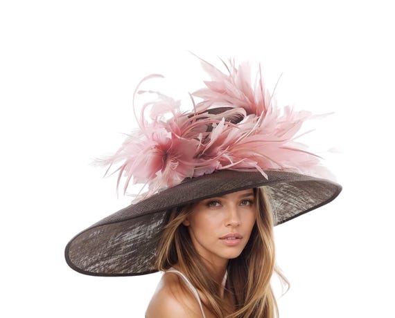 Chocolate Brown Dusty Blush Pink Wide Brim Kentucky Derby  display picture 2