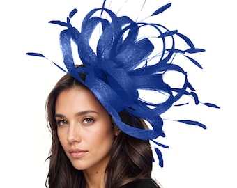 Large Royal Blue Feather Statement Fascinator Hatinator Hat Kentucky KY Ascot Derby Oaks Woman Weddings Cocktail Lunch Tea Party Headpiece