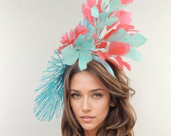 Turquoise Kentucky Derby Hat, Coral Orange Ascot Hat,Blue Tea Party Hat,Aqua Formal Occasion Hat,Aqua Saucer Hat,Fascinator Headband Wedding