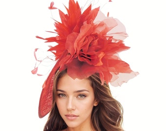 Scarlet Red Ascot Kentucky Fascinator Hat Headband Womens Derby Large Floral Flower Rose Headpiece Headwear Wedding Guest Tea Party Formal