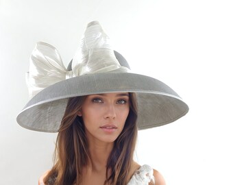 Metallic Silver Grey Kentucky Derby Hats Royal Ascot Church Ladies Race Day Tea Garden Party Wide Brim Wedding Formal Woman Bow Headwear