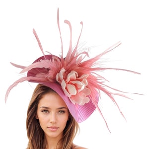 Hot Pink Fuchsia Pale Pink Feather Flower Ladies Ascot Fascinator Hat Headband Womens Kentucky Derby Hats Headpiece Ladies Day Wedding