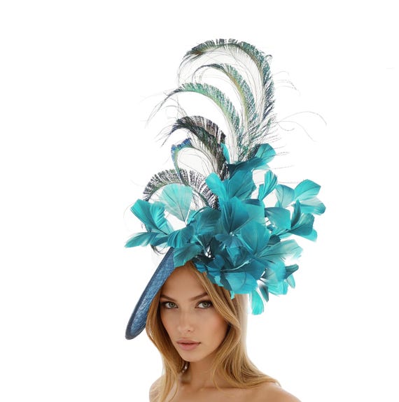 Kentucky Derby Oaks Ivory and Teal Statement Fascinator Headband kentucky derby hat fascinator green satin with netting,white  main image 3