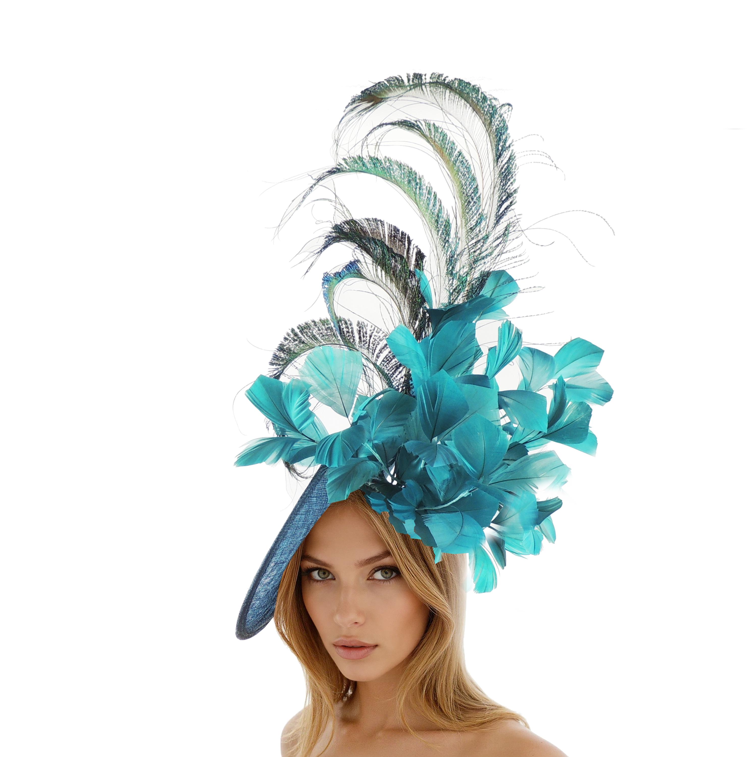 Teal Feather Fascinator | Kentucky Derby, Oaks, Formal Tea Church Hat Headpiece kentucky derby hat fascinator peacock blue velvet headband  main image 2
