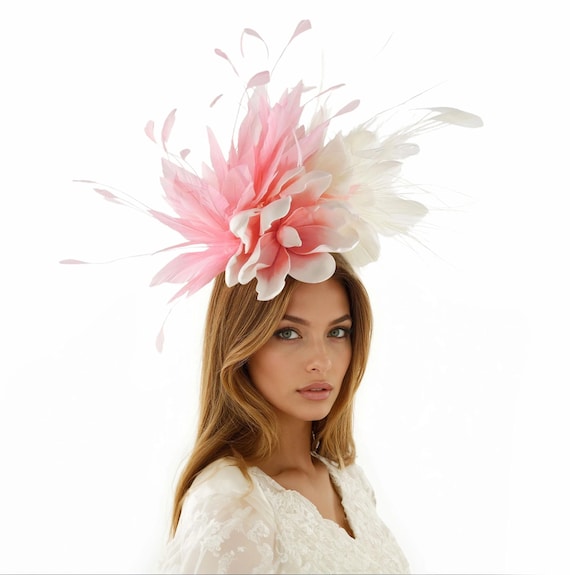 Elegant Fascinator Hat with Flower Feathers Headband for Wedding Derby Tea Party White Kentucky Derby Hat Pink Flower Fascinator Flowers  main image 2