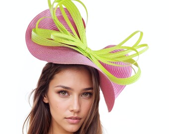 Hot Pink Acid Lime Green Womens Kentucky Derby Ascot Fascinator Hat Tea Party Wedding Headband Cocktail Headpiece Race Formal Ladies KY