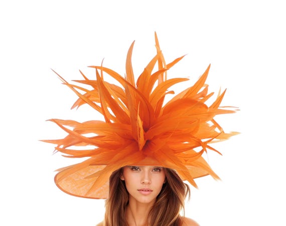 Orange Feather Wide Brim Statement Hat for Kentucky Derby  display picture 2