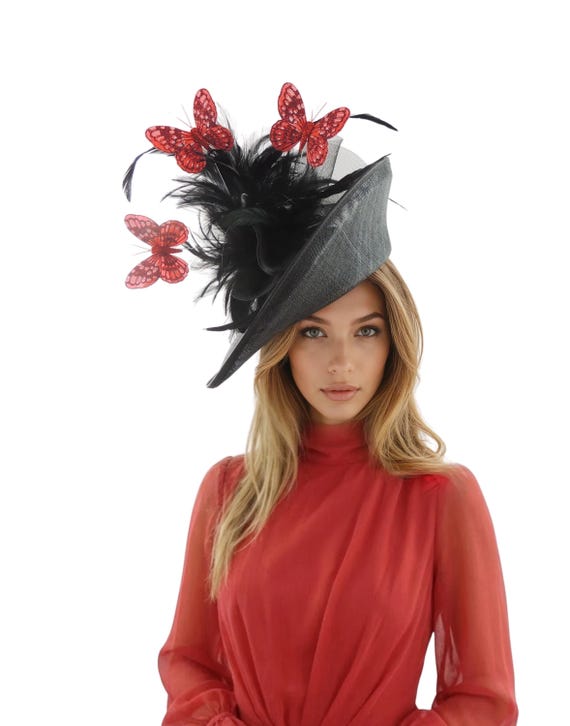 Black Red Kentucky Derby Hat Saucer Hatinator Ascot Feather  display picture 3
