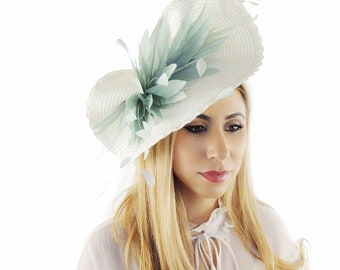 Cream Sage Green Saucer Disc Kentucky Derby Fascinator Hat Royal Ascot Wedding Hatinator Cocktail Formal Womens Races Tea Party Ladies Day