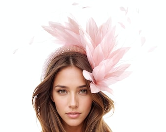 Candy Blush Pale Pink Crystal Feather Ascot Fascinator Wedding Headband Kentucky Derby Hat Cocktail Tea Party Formal Occasion Races Woman